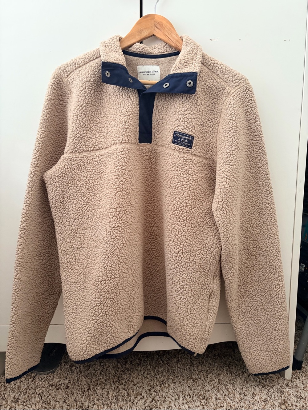 Abercrombie & Fitch Beige Sherpa Pullover with Navy Trim